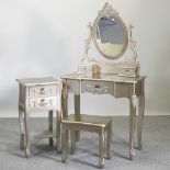 A contemporary gold painted dressing table, 78cm, together with a mirror, a stool,