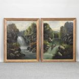 J Yarnold, waterfall scenes with anglers, signed, oil on canvas,