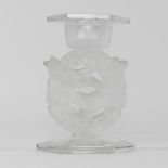 A Lalique Mesanges design opaque glass candle holder, etched Lalique France,