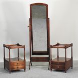 A cheval mirror, together with a pair of mahogany bedside tables,