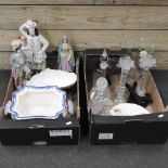 Two boxes of items to include Staffordshire figure, 43cm high, together with a pair of figures,