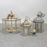 A brass and glass hall lantern, 39cm,