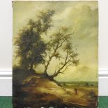 English School, late 19th century, a figure on a path by trees, oil on panel, unframed,