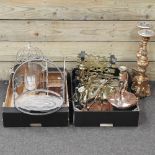 Two boxes of brass and copper items, together with a pair of candlesticks,