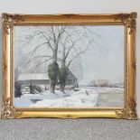 David Green, snowy winter scene with pheasants near farm buildings, oil on board,