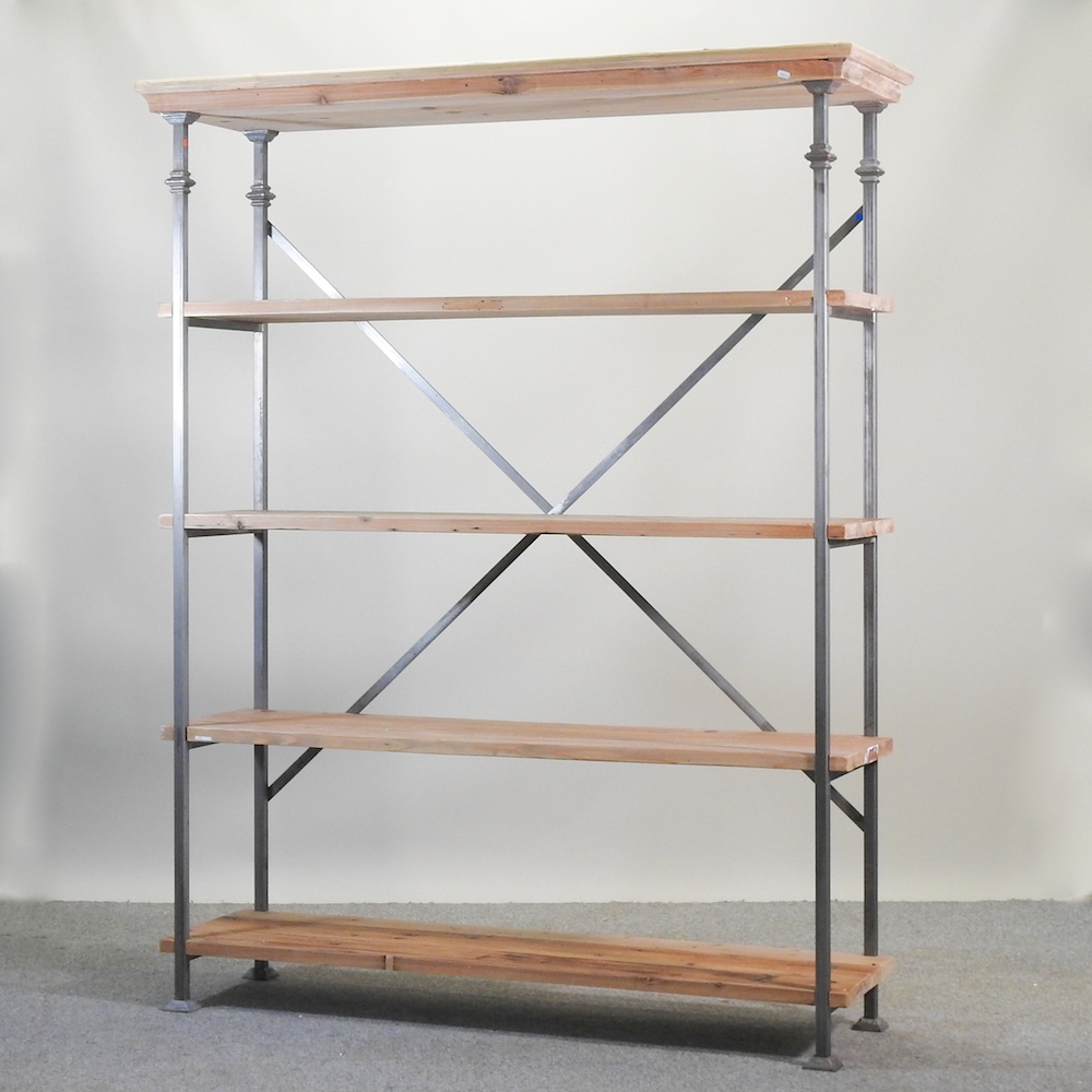 A modern wooden and metal baker's rack,