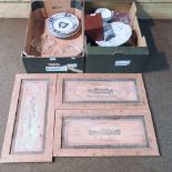 Two boxes of items to include an early 20th century oak stationery rack,