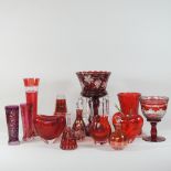 A collection of cranberry glassware, to include a lustre,