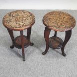 A pair of Arts and Crafts Japanese carved 'Three Wise Monkeys' jardiniere stands,