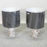 A pair of modern table lamps and shades, with mother of pearl style decoration,