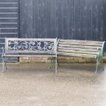 A wooden garden bench, with painted metal ends, together with another,