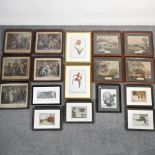 A collection of pictures and prints, to include a set of four engravings of hunting scenes,