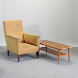 A 19th century gold upholstered armchair, together with a 1970's teak coffee table,