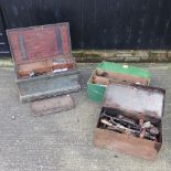 A black painted carpenter's tool box, 69cm, together with a smaller green painted toolbox,