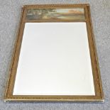 A French gilt framed wall mirror, with a painted inset panel,