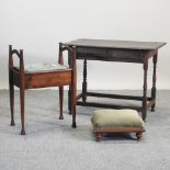 An 18th century oak side table, 90cm, together with a Victorian upholstered footstool,