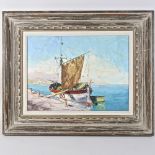 Neapolitan school, 20th century, sailing boat moored in a harbour, oil on canvas,