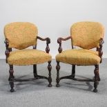 A set of six mid 20th century Queen Anne style carved walnut and yellow upholstered dining chairs