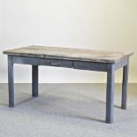 A mid 20th century grey painted and metal framed work table, with a single drawer,