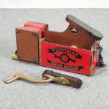 An painted wooden and brass mounted advertising shoe shine stand, 56cm,