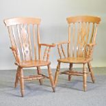 A pair of beech splat back armchairs