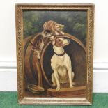 English School, late 19th century, two kittens teasing a dog, oil on board,