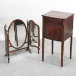 An Edwardian mahogany bow front bedside cabinet, together with a triple dressing table mirror,