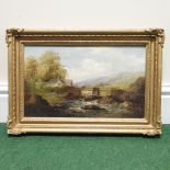 English School, 19th century, river landscape with figures on a bridge, oil on canvas,