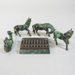 A collection of five Eastern bronze horses, together with an abacus,