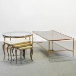 A nest of three onyx and gilt occasional tables, together with a glass coffee table, 130 x 50cm,