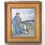 Scottish School, 20th century, a shepherd and his dog, oil on board,