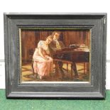 Continental School, 19th century, an elegant couple playing the piano, oil on panel,