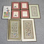 A collection of Japanese pictures and prints, to include two framed silks,