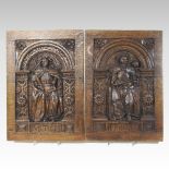 A pair of 18th century carved oak panels, Ivstises (justice) and Prvdentia (prudence),