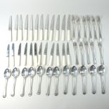 A modern silver Old English pattern part table service, comprising twelve dessert spoons,