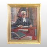 English school, (mid 20th century), a barrister seated at his desk, oil on canvas,
