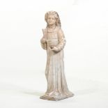 A 19th century carved marble figure of Mary Magdalene, shown standing holding a pestle and mortar,