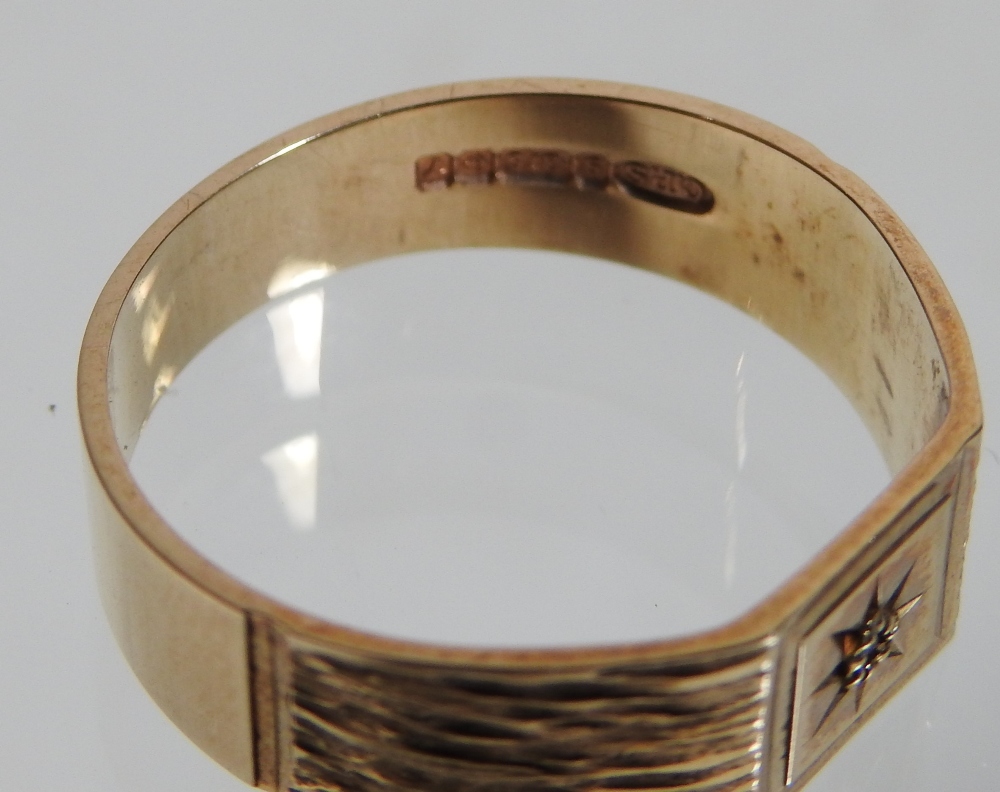 A 9 carat gold gentleman's gypsy ring, with textured shoulders, 6g gross, - Image 3 of 5