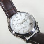 A Burei gentleman's steel cased wristwatch, having a signed white dial, on a brown leather strap,