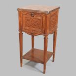 A 19th century French satinwood marble top pot cupboard, with a hinged front,