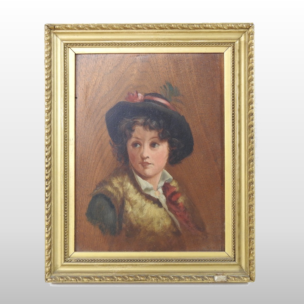 Continental school, (early 20th century), head and shoulders portrait of a child wearing a hat,