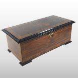 A continental walnut and marquetry box, of plain rectangular shape,