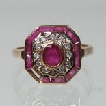 A 9 carat gold Art Deco style rose gold, ruby and diamond ring, boxed,