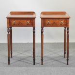 A pair of hand made walnut side tables, each containing a single drawer, on reeded legs,