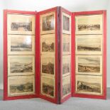 An early 20th century four fold dressing screen, inset with 19th century engravings of landscapes,