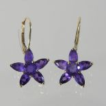 A pair of 9 carat gold amethyst flower earrings