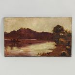 English school, 19th century, mountainous lakeland scene, signed with initials HMK, 36 x 61cm,