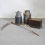 Two metal milk churns, highest 59cm, together with an antique sewing machine, cased,