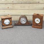 An oak mantel clock, with a white enamel dial, 26cm high,