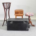 An inlaid box on stand, together a plant stand and a trunk,